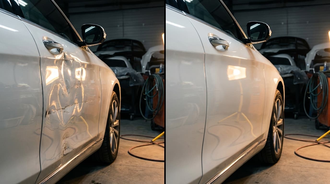 Before and after full body repair and respray on a white car door panel with scratch and dent damage repaired