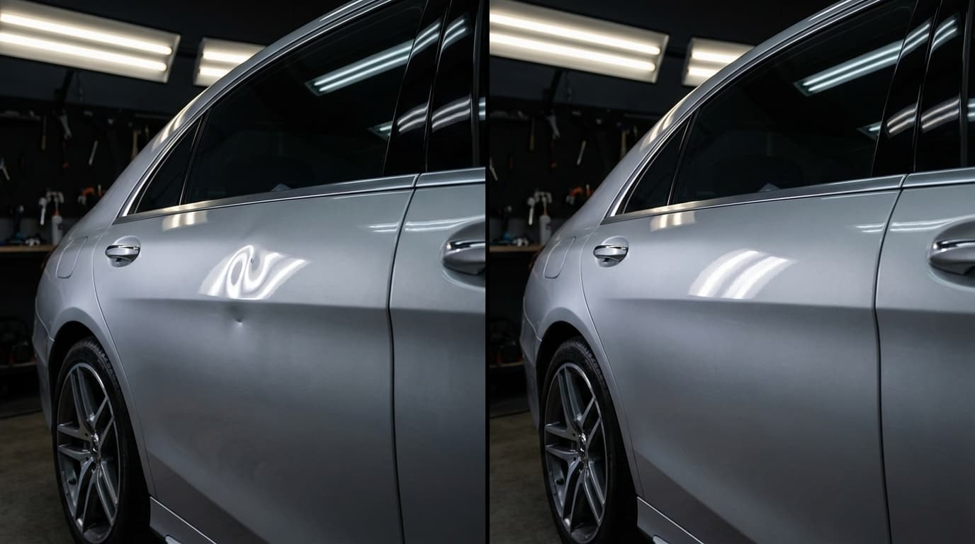 Before and after paintless dent removal on a silver car door panel, small parking dent removed with factory paint intact
