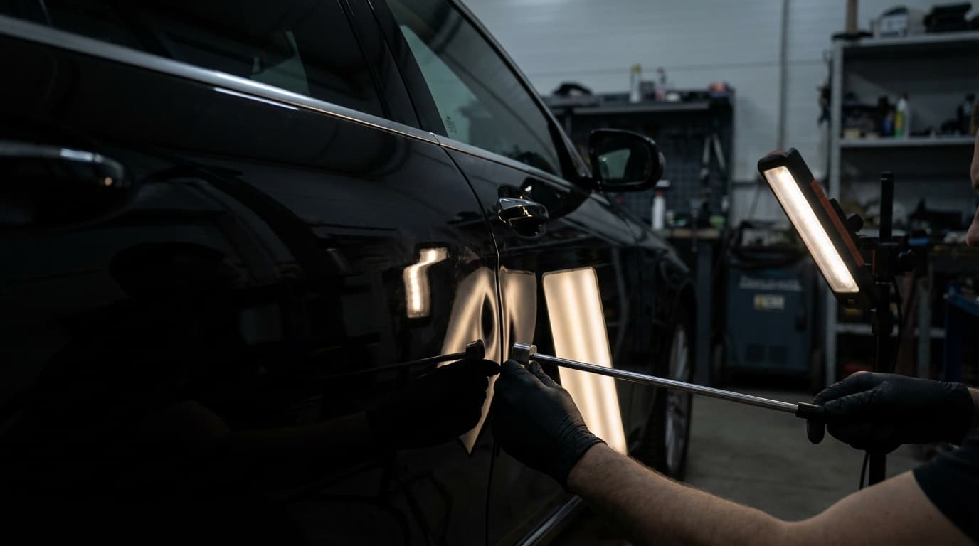 PDR technician working in a dark professional workshop